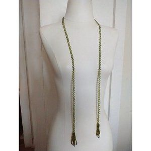 Vintage Flapper tassel lime green & White tone Beaded Necklace 51" long N2